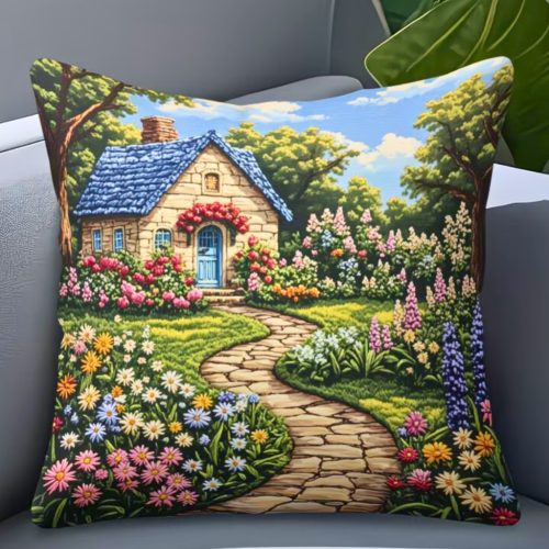 Kerti út mintás díszpárnahuzat 45x45 cm plüss huzat