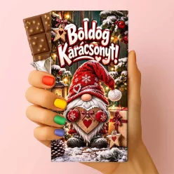   Karácsonyi csokoládé Boldog Karácsonyt felirattal – Piros gnóm manó, rizses, 75 g