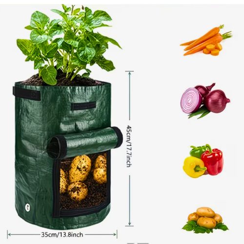 35x45 cm-es burgonyatermesztő zsák 37 és 26 literes kivitelben, fedéllel, erős fogantyúkkal és vízelvezető nyílásokkal, burgonya, hagyma, répa és paradicsom termesztéséhez.