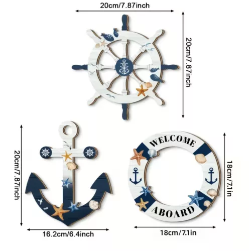 Tengeri stílusú 3 részes nyári fali dekoráció – fa horgony, hajókormány és mentőkötél