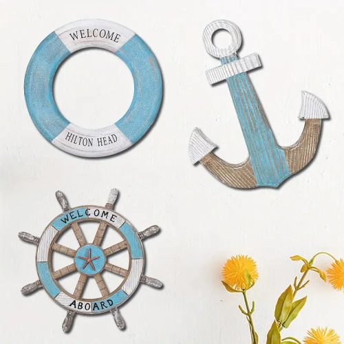 Tengeri stílusú 3 részes nyári fali dekoráció – fa horgony, hajókormány és mentőkötél