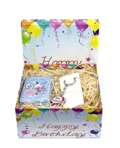 Születésnapi ajándék doboz nőknek: Díszdobozos viráglabda+ születésnapos kulcstartó
