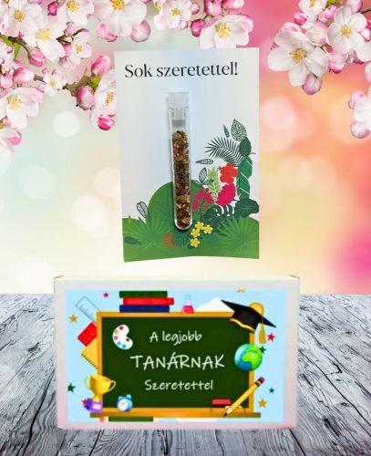 A Legjobb tanárnak sok szeretettel  feliratos ajándék doboz választható kémcsőkerttel