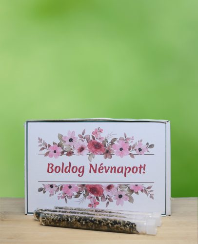 Boldog Névnapot feliratos ajándék doboz választható kémcsőkerttel