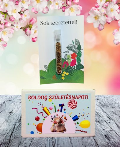 Boldog Születésnapot feliratos ajándék doboz választható kémcsőkerttel-Ajándék ötlet születésnapra