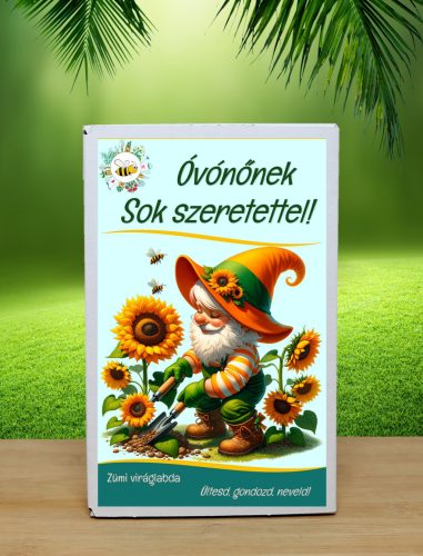 Óvónőnek sok szeretettel feliratú ajándék doboz napraforgós 6 db  viráglabdával (ajándék ötlet óvónőknek)