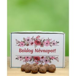   Boldog Névnapot feliratú ajándék doboz Méhbarát viráglabdával 10 db