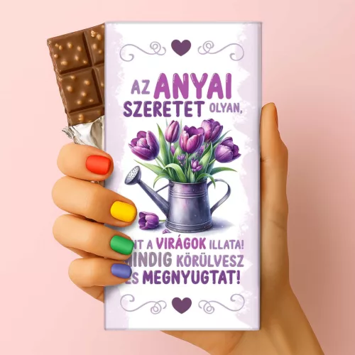 Lila tulipános feliratos csokoládé idézettel anyák napjára