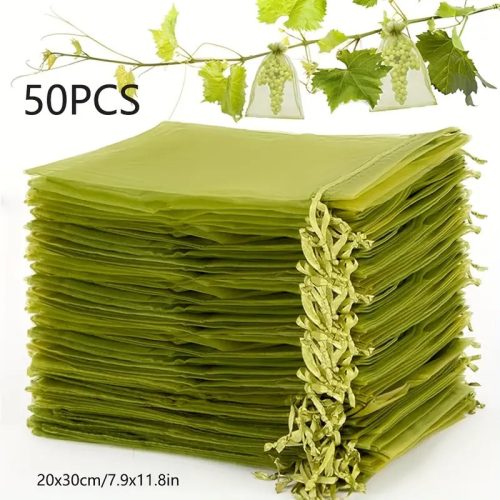 Gyümölcsvédő hálós zöld zsákok – légáteresztő zsák fedők és növénytámogató háló, 50 db-os csomag (15x20 cm)