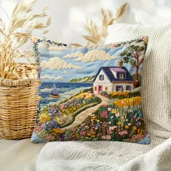 Vidéki ház és virágmintás díszpárnahuzat 45x45 cm farmház stílus