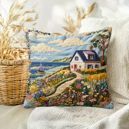 Vidéki ház és virágmintás díszpárnahuzat 45x45 cm farmház stílus
