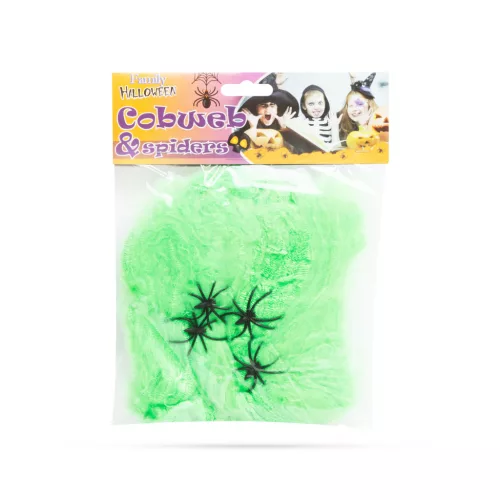 Zöld Halloween Pókháló Dekoráció Pókokkal – 4-5 m²