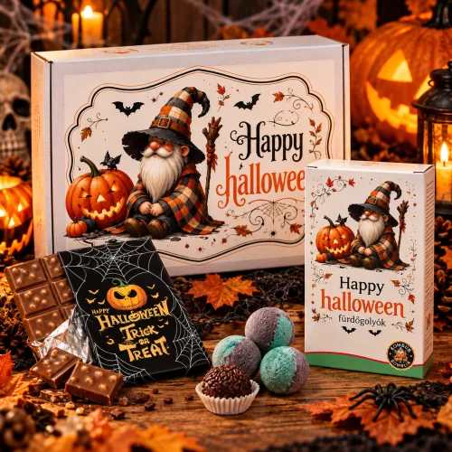 Zümibox Halloween ajándékcsomag – Dubaji csokoládé illatú fürdőgolyókkal és Halloween csokival