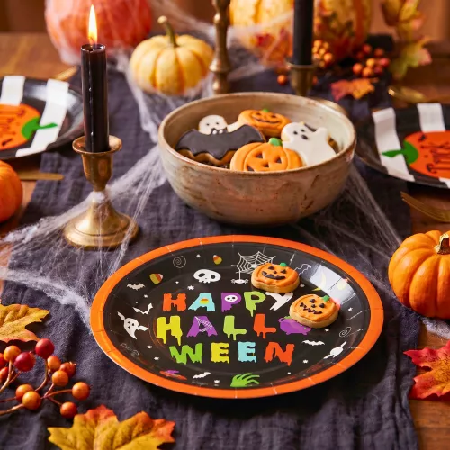 Halloween papírtányér – Happy Halloween feliratos, kerek, 23 cm, 8 db/csomag