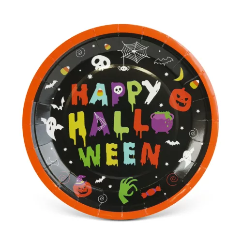 Halloween papírtányér – Happy Halloween feliratos, kerek, 23 cm, 8 db/csomag