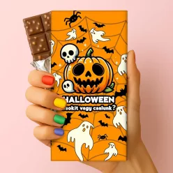 Halloween – „Csokit vagy csalunk?” feliratos csokoládé puffasztott rizzsel – 75 g