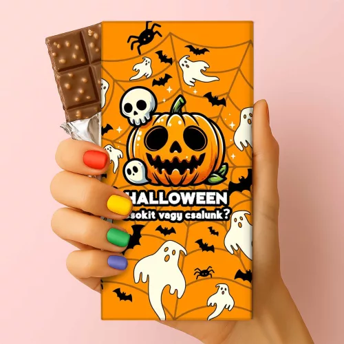 Halloween – „Csokit vagy csalunk?” feliratos csokoládé puffasztott rizzsel – 75 g