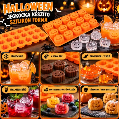 Halloween szilikon jégkockakészítő forma – 18 db tök minta, narancssárga, 21 × 11 cm