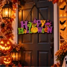 Halloween ajtódísz – Happy Halloween feliratos, glitteres, akasztható MDF dekoráció