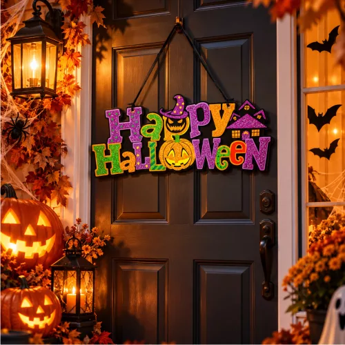 Halloween ajtódísz – Happy Halloween feliratos, glitteres, akasztható MDF dekoráció