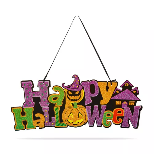 Halloween ajtódísz – Happy Halloween feliratos, glitteres, akasztható MDF dekoráció, 42,5 × 18 cm