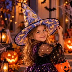   Halloween boszorkánykalap – kék, arany glitteres mintával, poliészter, 38 × 34 cm