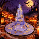 Halloween boszorkánykalap – kék, arany glitteres mintával, poliészter, 38 × 34 cm