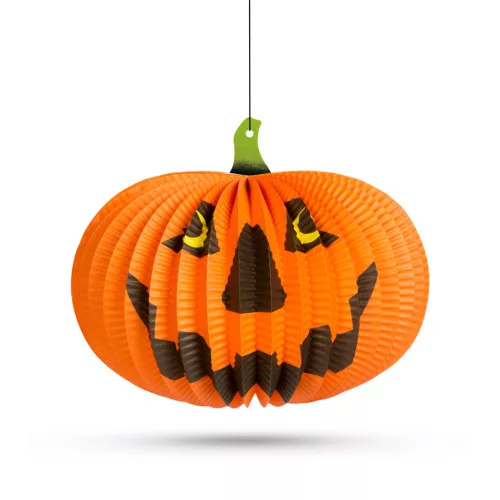 Halloween tök lampion – Akasztható narancssárga papír dekoráció, 26 cm