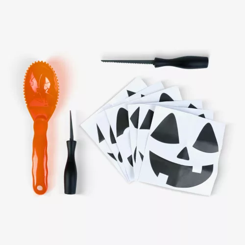 Halloween tökfaragó készlet – 3 db szerszám, 6 db tökfaragó sablonnal
