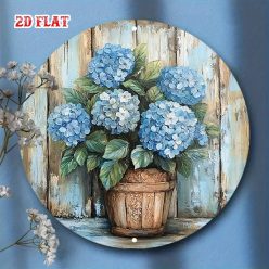 Vintage Stílusú fa tábla – Kék hortenzia mintával