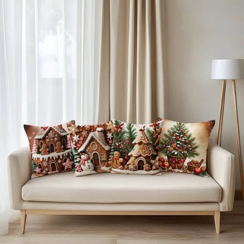 4 db Karácsonyi Párnahuzat (40×40 cm) – Mézeskalács emberke, hóember és karácsonyfa mintával 
