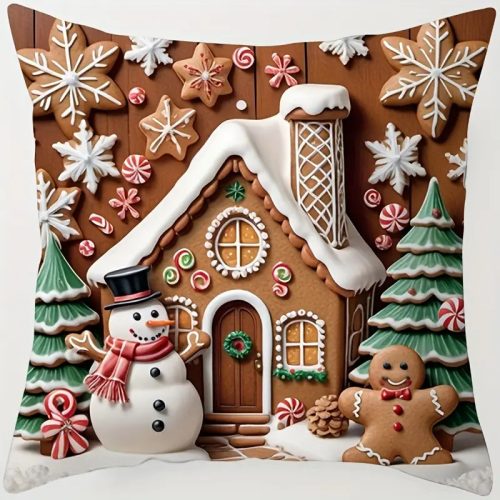 4 db Karácsonyi Párnahuzat (40×40 cm) – Mézeskalács emberke, hóember és karácsonyfa mintával 