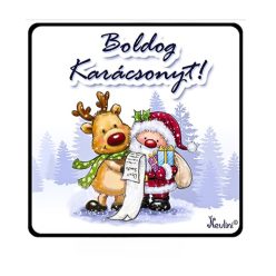   Hűtőmágnes 7,5 cm x 7,5 cm - Szarvas és Mikulás – Karácsonyi Ajándékok