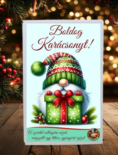 Karácsonyi ajándékdoboz viráglabdával – Vidám manós, ajándékos mintával  (Karácsonyi ajándék ötlet)