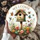 Vintage "Welcome Garden" Madárház mintás Kerek fém tábla