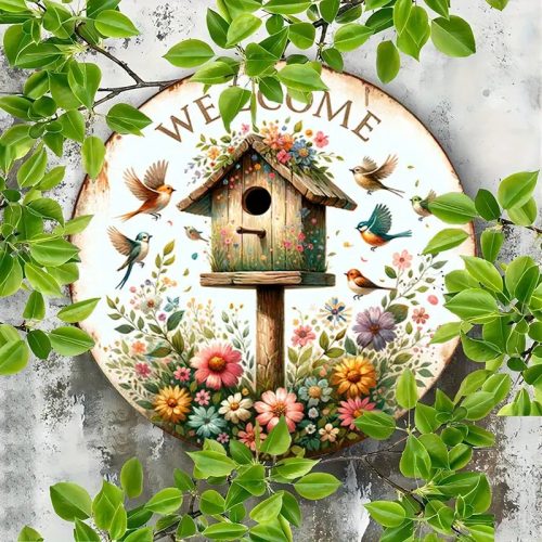 Vintage "Welcome Garden" Madárház mintás Kerek fém tábla