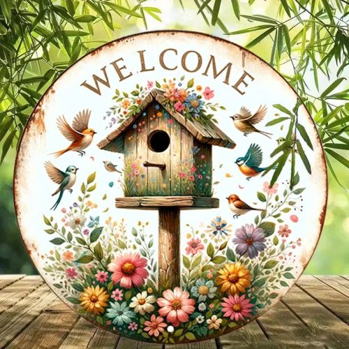 Vintage "Welcome Garden" Madárház mintás Kerek fém tábla