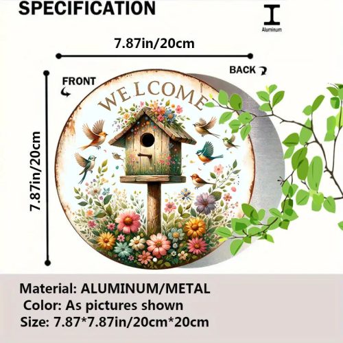 Vintage "Welcome Garden" Madárház mintás Kerek fém tábla