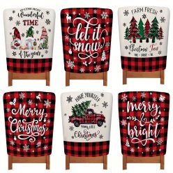   6 db Farmhouse Karácsonyi Székhuzat (50×60 cm) – Piros-fekete kockás mintával, tündérekkel és traktorokkal 