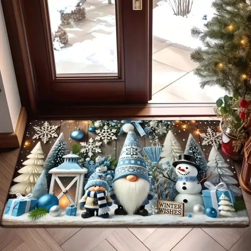 Beltéri karácsonyi ajtószőnyeg – Kék karácsonyi törpe és hóember mintával (40×60 cm)