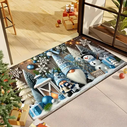 Beltéri karácsonyi ajtószőnyeg – Kék karácsonyi törpe és hóember mintával (40×60 cm)