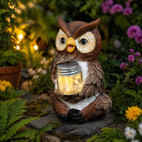 Szolár bagoly lámpa melegfehér LED világítással kerti dekoráció