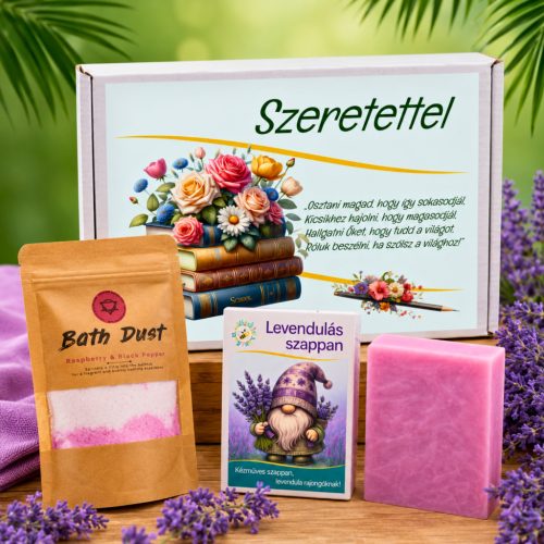 Szeretettel” Ajándékdoboz Pedagógusoknak – Pezsgő Fürdőporral és Levendulás Kézműves Szappannal