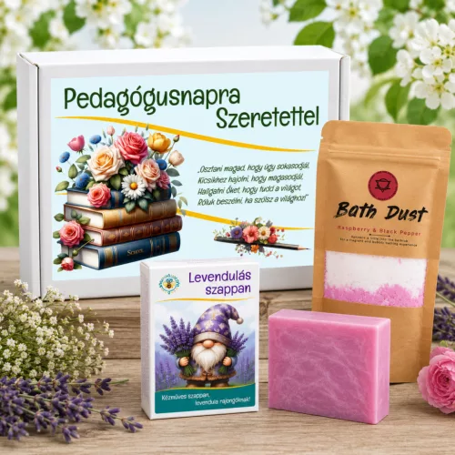 Pedagógusnapra Szeretettel – Ajándékdoboz Pezsgő Fürdőporral és Levendulás Szappannal