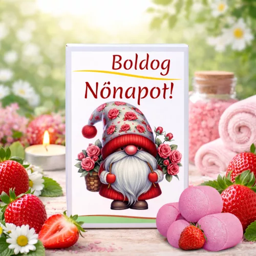 Személyes Nőnapi ajándék – Eperillatú pezsgő fürdőgolyók ajándékdobozban (8 db)
