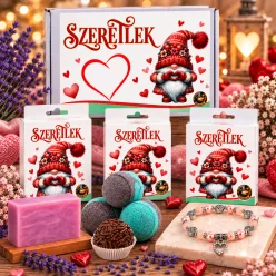 Szeretlek – Romantikus ajándékcsomag fürdőgolyóval, levendulás szappannal és szíves karkötővel