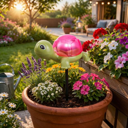 Rózsaszín teknősbéka formájú, leszúrható napelemes kerti szolár lámpa