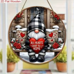   Vintage Gnome Fafali Tábla (20×20 cm) –  piros rózsákkal és hópelyhekkel 