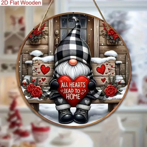 Vintage Gnome Fafali Tábla (20×20 cm) –  piros rózsákkal és hópelyhekkel 