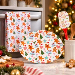   Karácsonyi konyhai szett – Mézeskalács mintás tálca, spatula és törlőkendő – 3 részes